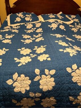 Blue Floral Quilt Coverlet Set - appliqué hand made